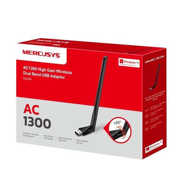 Wireless Adapter Mercusys(TP-Link)MA30H AC1300 400+867Mbps Dualband Wireless USB Adapter Antenna
