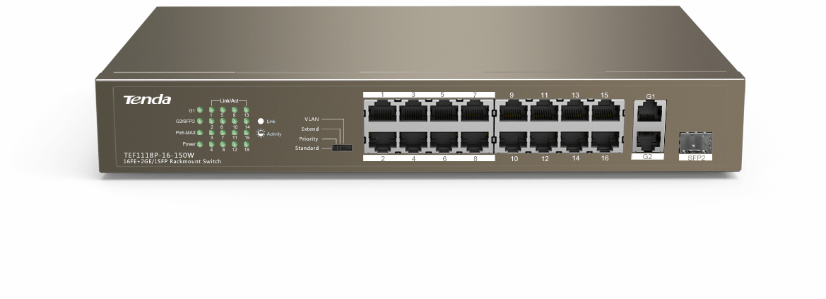 HUB Switch Tenda TEF1118P-16-150W 16-port PoE 10/100Mbps + 1 10/100Mbps