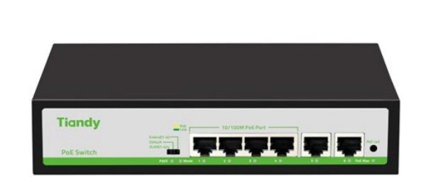 HUB Switch TIANDY TC-P3S06 Spec:F/0420/AT/55 4x10/100Mbps PoE,2x100Mbpc,PoE budget:55W Metal